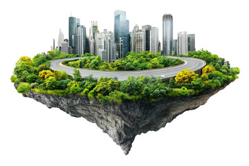 Floating City With Green Road Isolated On Transparent. Conceptual Eco Urbanism And Nature Harmony