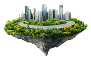 Floating City With Green Road Isolated On Transparent. Conceptual Eco Urbanism And Nature Harmony