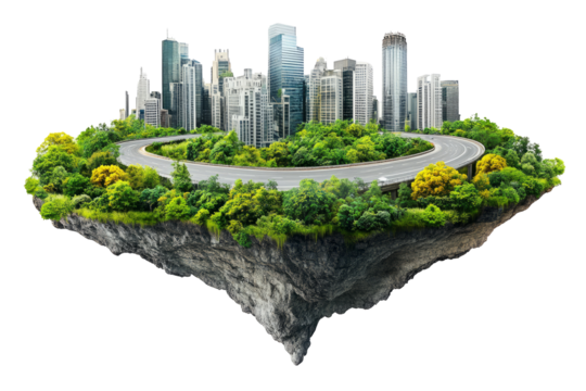 Floating City With Green Road Isolated On Transparent. Conceptual Eco Urbanism And Nature Harmony