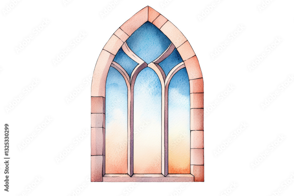 Poster a decorative arched window with intricate designs and a colorful gradient in the glass.