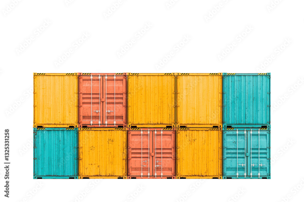 Poster a collection of colorful shipping containers arranged in a grid pattern, showcasing vibrant yellows,