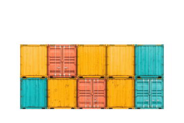 A collection of colorful shipping containers arranged in a grid pattern, showcasing vibrant yellows, greens, and reds.