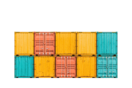 A collection of colorful shipping containers arranged in a grid pattern, showcasing vibrant yellows, greens, and reds.