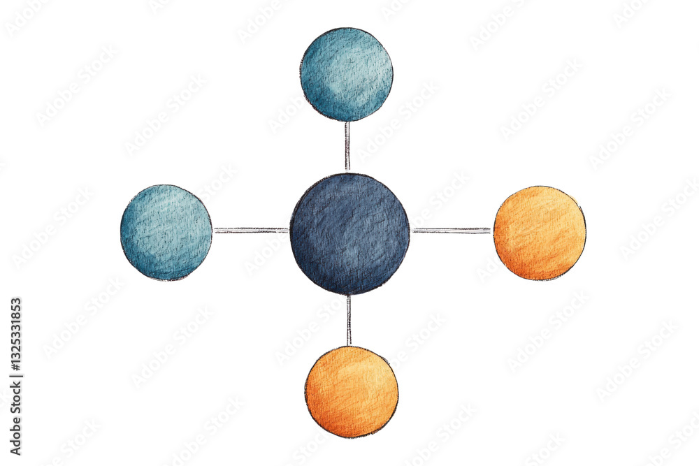 Poster a molecular structure with a central sphere connected to four surrounding spheres, representing atom
