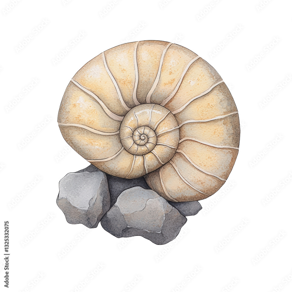 Poster a detailed, spiral-shaped shell resting on two gray rocks, showcasing intricate patterns and texture