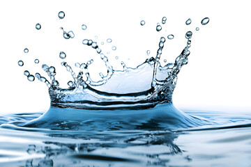Blue water splash isolated on white background with bubbles and ripples in motion