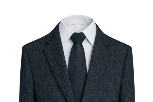 A formal suit with a black tie and white shirt, showcased prominently as the main subject.