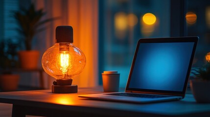 Warm lamp, laptop, night work, home office