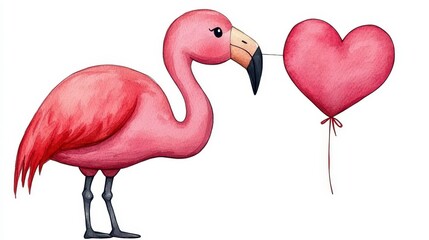 Obraz premium Pink Flamingo Holding Heart Balloon in Whimsical Style Illustration