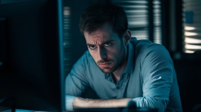 A Person looking worried at computer screen, reflecting the pressures and challenges of modern digital life. Navigating complex technology and information overload.	