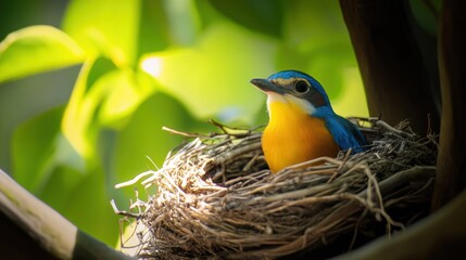 Bird in nest on tree in Spring.