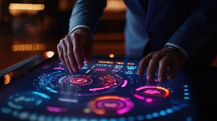 A person manipulates a glowing interactive computer interface screen