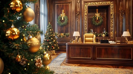 Fototapeta premium Christmas decorations a luxury executive office golden ornaments and a classic tree beside a CEO's desk