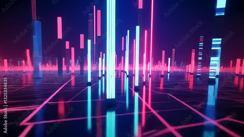 Poster futuristic neon cityscape with glowing vertical beams and gridlines in dynamic motion