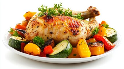 Deliciously Roasted Chicken with Colorful Grilled Vegetables on a White Plate, Perfect for Culinary Presentations and Food Photography.