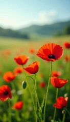 Vibrant red poppies sway gently in summer field, wildflower, spring, plantlife