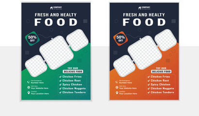 Fresh and Health Food flyer design, green shape and Rectangle Shape with colorful mockup templete.