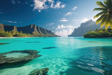 Fototapeta premium Stunning Midday Lagoon View with Sparkling Turquoise Waters and Bright Blue Sky
