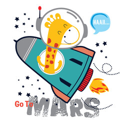 Cartoon giraffe astronaut flying rocket ship to Mars with stars in space. Children's space adventure illustration concept
