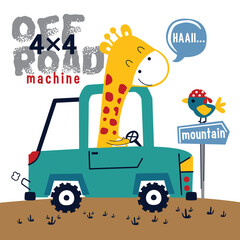 Cartoon giraffe driving a 4x4 off-road vehicle on a mountain trail with bird on signpost. Children's adventure illustration concept
