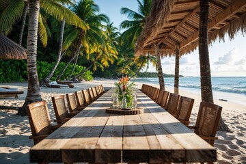 Tropical Beach Landscape Featuring Rustic Long Wooden Dining Table