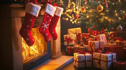 Christmas Eve night scene stockings filled gifts warm glow from fireplace beautifully wrapped presents under tree cozy nighttime ambiance