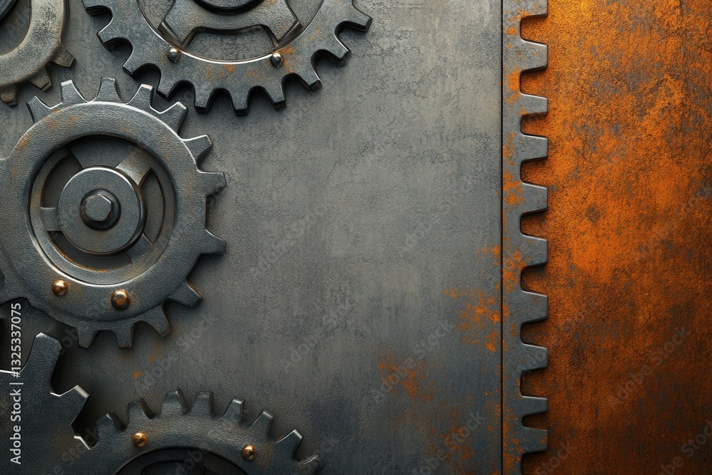 Poster industrial background with gear patterns featuring robust mechanical design in gray and rust tones f