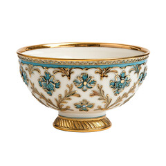 Elegant decorative bowl with gold and blue floral patterns on a white base