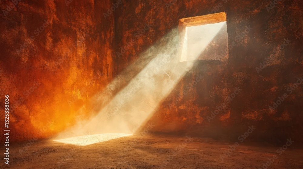 Poster sunlight streaming through a window in a stone room, creating a beam