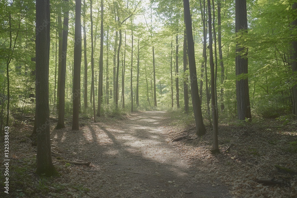 Poster forest path leading towards sunlight beams in a serene wooded area, inviting exploration into nature