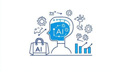 AI Cognitive Process Blue Line Art Illustration of Data Analysis and Intelligence