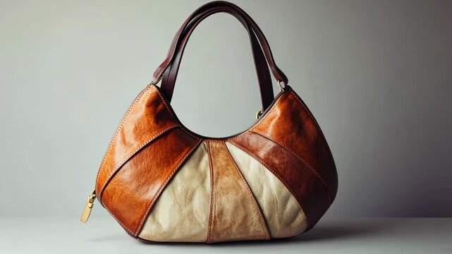 Elegant handbag on display: rotating view of stylish leather bag with unique design