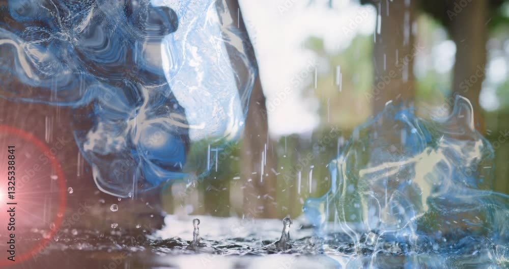 Poster rain falling on surface creating abstract blue and white swirling animation