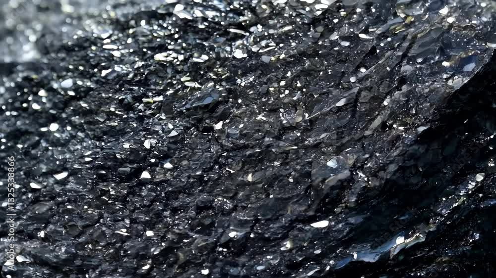 Poster textured black rock obsidian surface with shiny, reflective crystals mineral pattern texture backgro