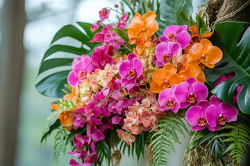 Colorful orchid arrangement adorned with lush green tropical leaves and ferns
