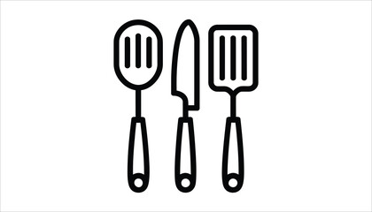 Kitchen Tools Vector: Knife, Spoon, and Spatula Line Icon.