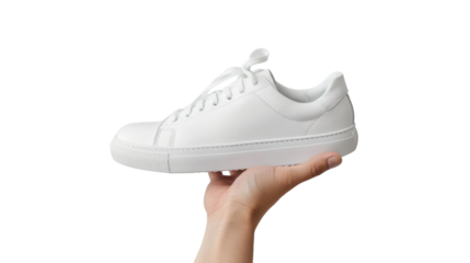 Hand holding white sneaker with transparent background