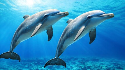 Two Playful Dolphins Swimming in Clear Ocean Water Under Sunlight