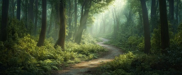 Obraz premium Sun Dappled Forest Path Lush Green Woodland Scene