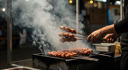 Delicious grilled meat skewers smoking on bbq grill hot food meal lunch tasty flame smoke spicy night