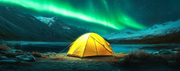 A brightly lit tent is positioned near a lake under northern lights
