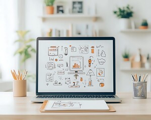 Modern Business Planning Workspace Laptop Sketch