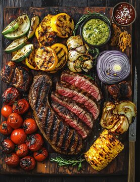Premium Grilled Meats and Sirloin Steak on Barbecue - Flavorful Mixed Grill Image