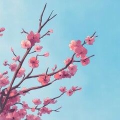 Pink cherry blossoms bloom against a vibrant blue sky