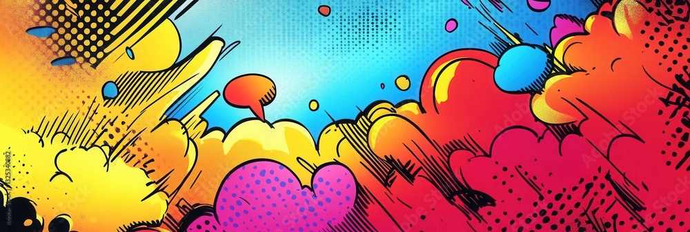 Poster vibrant comic book background featuring dynamic action lines and colorful halftone patterns with spe