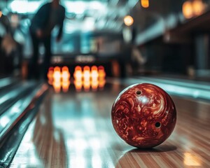 A vibrant scene unfolds at the bowling alley, where a polished bowling ball sits poised on the lane, awaiting its turn in the senior league showdown Laughter and friendly banter fill the air as these