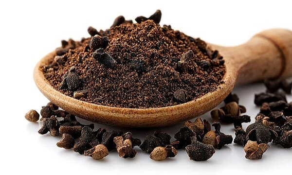 Ground spice in wooden spoon