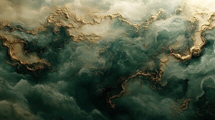 Abstract Marble Texture, Dark Green, Gold Veins