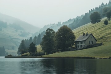 Fototapeta premium Misty Mountain Lake House Serene Landscape Photography