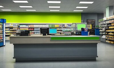 Interior of a modern pharmacy or grocery store with a cashier counter